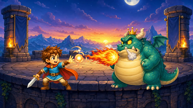 Boss Battle game screen: Pick the right spell card to strike the dragon king.