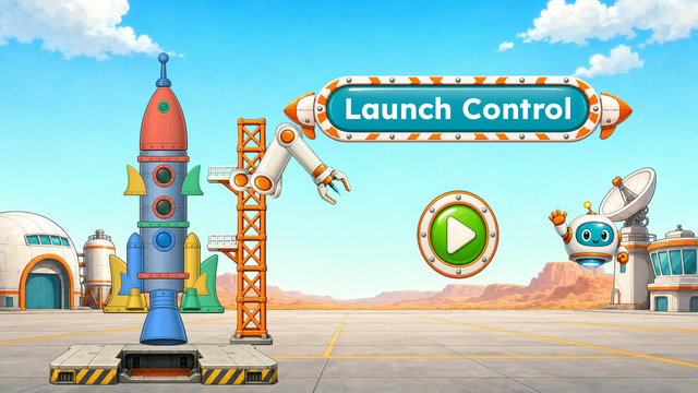 Launch control game screen: Press the launch button with the right answer and send the rocket into orbit.