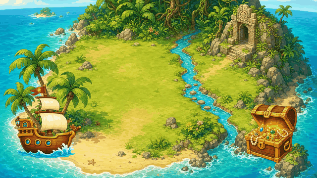 Pirate quest game screen: Win keys around the island, then unlock the treasure gate.